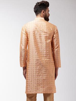 orange silk blend checkered long kurta - 16385435 - Standard Image - 3