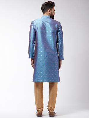 blue silk blend kurta pyjama - 16385549 - Standard Image - 3