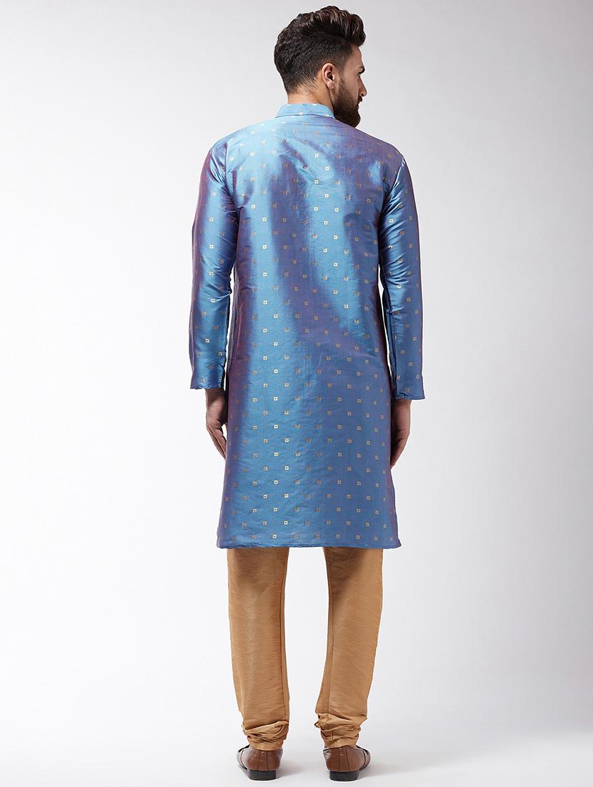 blue silk blend kurta pyjama - 16385549 - Zoom Image - 3