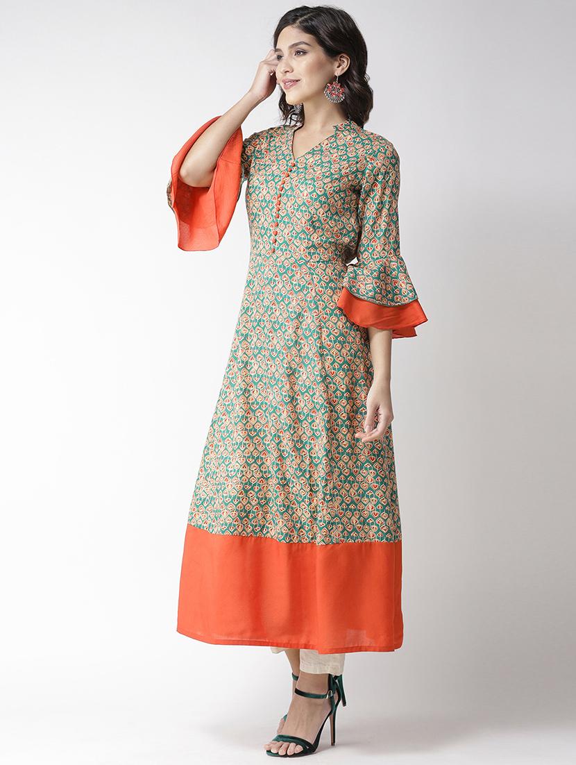 floral flared bell sleeves kurta - 16386769 - Zoom Image - 3