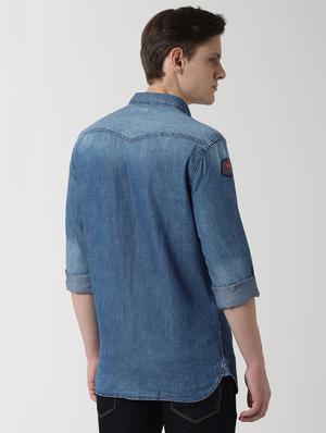 blue solid denim casual shirt - 16402739 - Standard Image - 3