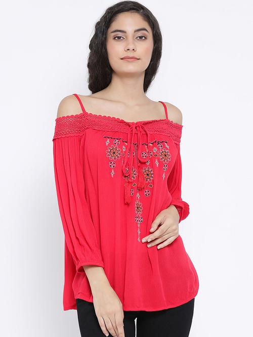 cold shoulder lace detail embroidered top - 16406971 - Standard Image - 1