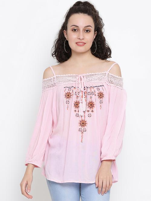 cold shoulder lace detail embroidered top - 16406972 - Standard Image - 1