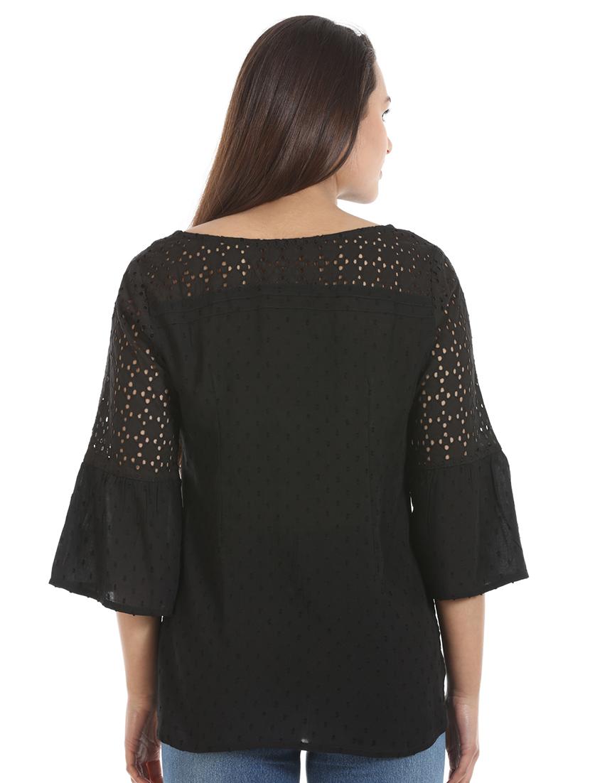 bell sleeved schiffli detail dobby top - 16417512 - Zoom Image - 3
