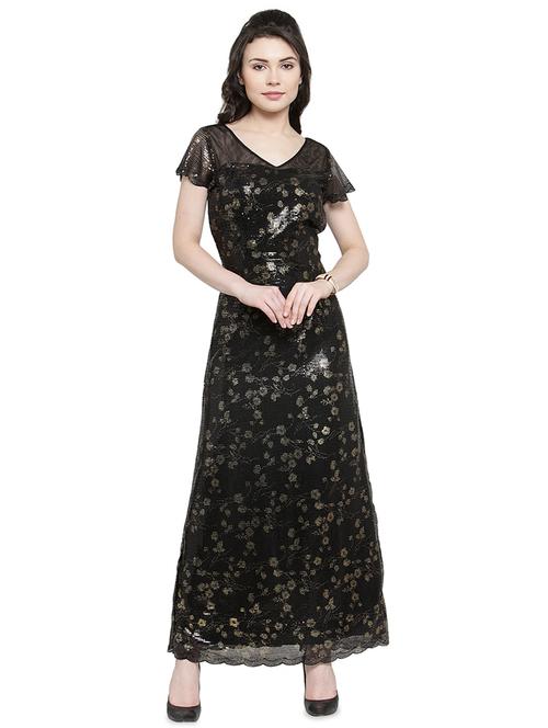 v-neck floral metallic a-line dress - 16430951 - Standard Image - 1
