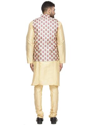 beige solid kurta pyjama set with printed nehru jacket - 16442297 - Standard Image - 3