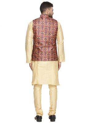 beige solid kurta pyjama set with red printed nehru jacket - 16442298 - Standard Image - 3