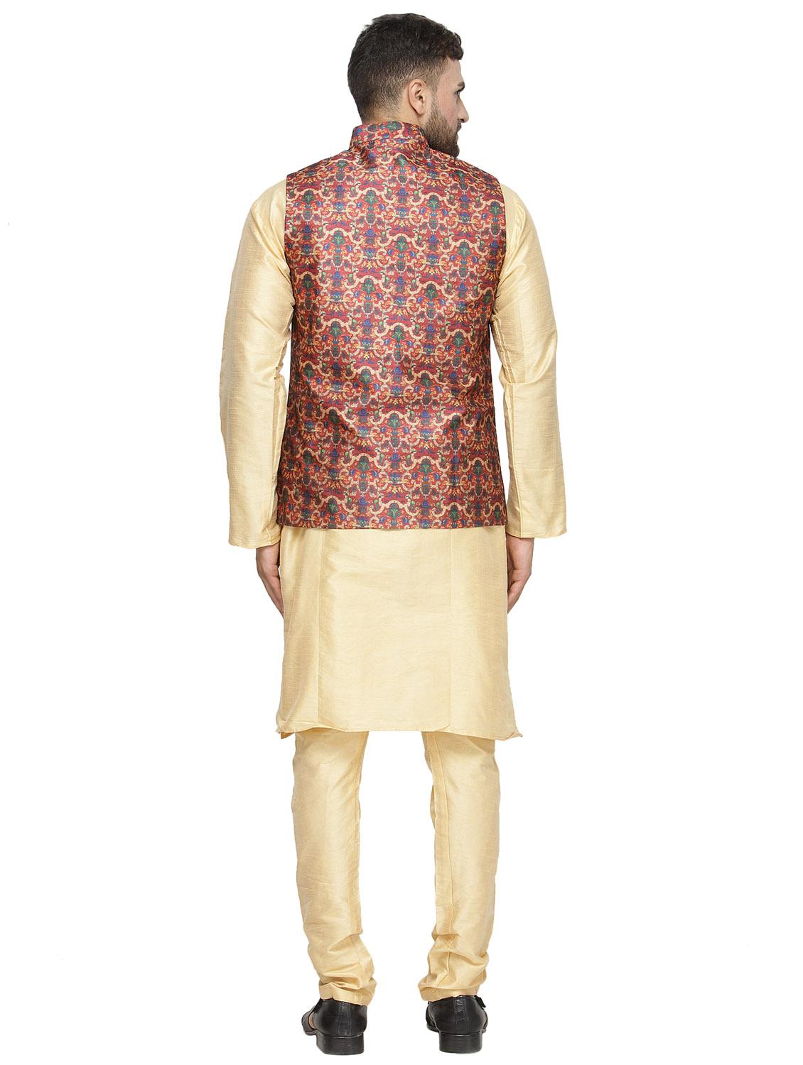 beige solid kurta pyjama set with red printed nehru jacket - 16442298 - Zoom Image - 3