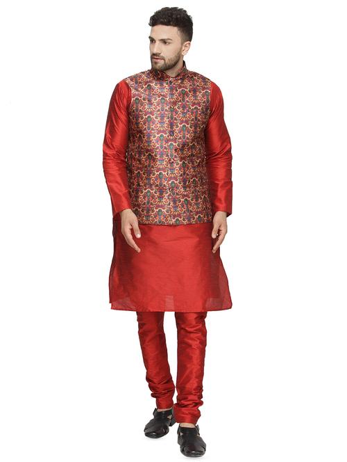 red solid kurta pyjama set with red printed nehru jacket - 16442302 - Standard Image - 1