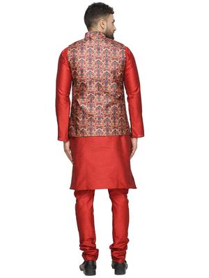 red solid kurta pyjama set with red printed nehru jacket - 16442302 - Standard Image - 3