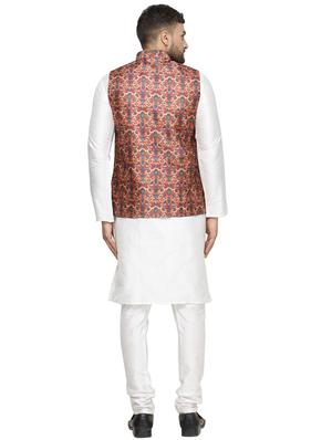 white solid kurta pyjama set with red printed nehru jacket - 16442308 - Standard Image - 3