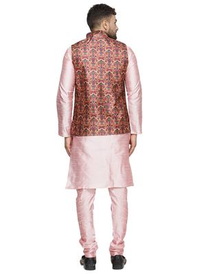 pink solid kurta pyjama set with red printed nehru jacket - 16442315 - Standard Image - 3