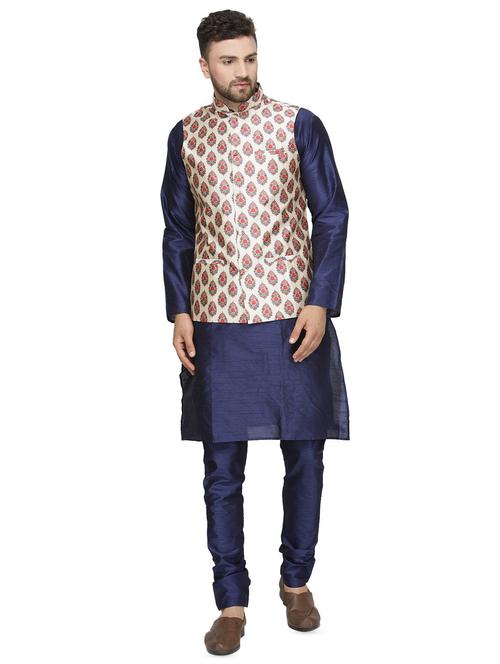 navy blue solid kurta pyjama set with beige printed nehru jacket - 16442317 - Standard Image - 1