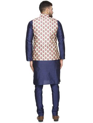 navy blue solid kurta pyjama set with beige printed nehru jacket - 16442317 - Standard Image - 3