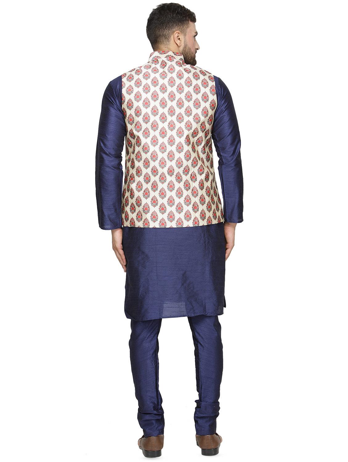 navy blue solid kurta pyjama set with beige printed nehru jacket - 16442317 - Zoom Image - 3