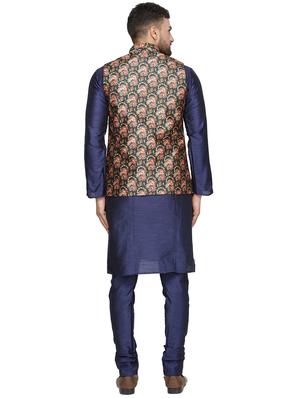 navy blue solid kurta pyjama set with green printed nehru jacket - 16442318 - Standard Image - 3