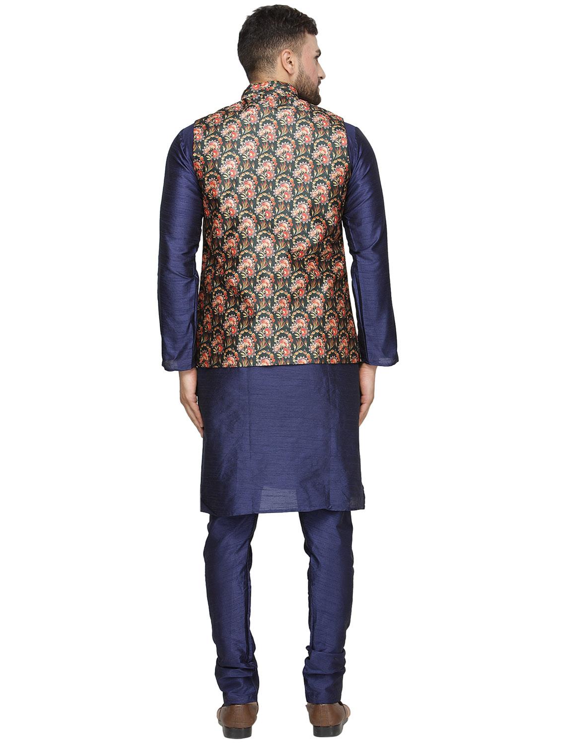 navy blue solid kurta pyjama set with green printed nehru jacket - 16442318 - Zoom Image - 3