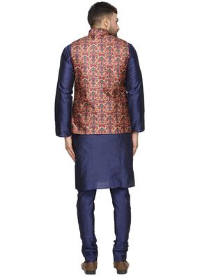 navy blue solid kurta pyjama set with red printed nehru jacket - 16442319 - Standard Image - 3
