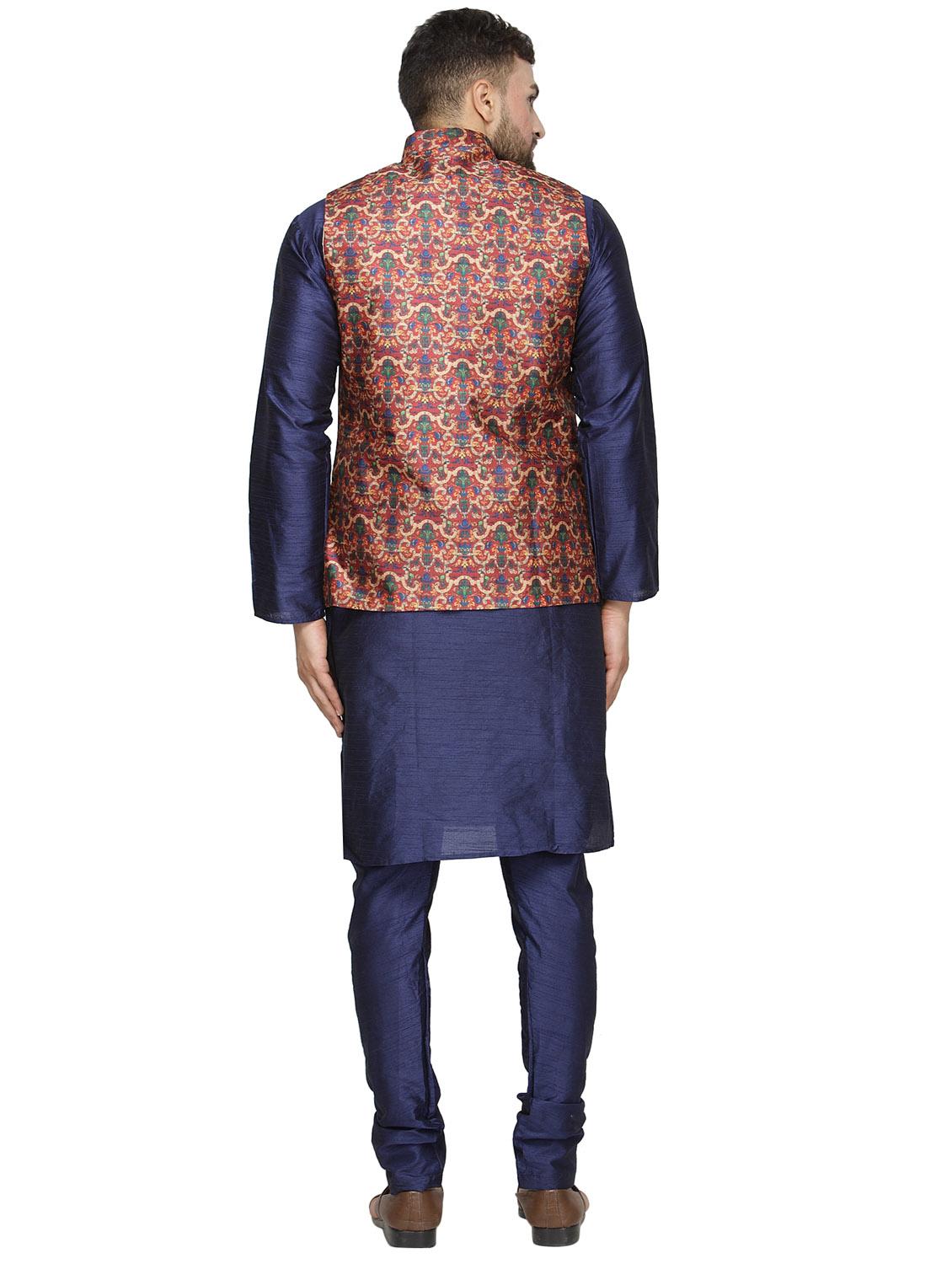 navy blue solid kurta pyjama set with red printed nehru jacket - 16442319 - Zoom Image - 3