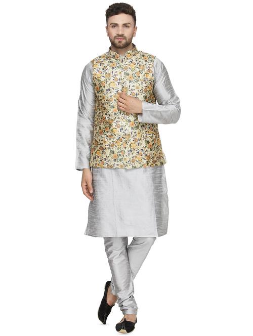 silver solid kurta pyjama set with yellow printed nehru jacket - 16442323 - Standard Image - 1