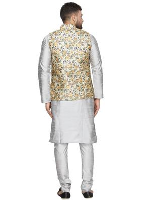 silver solid kurta pyjama set with yellow printed nehru jacket - 16442323 - Standard Image - 3