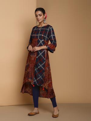 checkered high-low kurta - 16444623 - Standard Image - 3