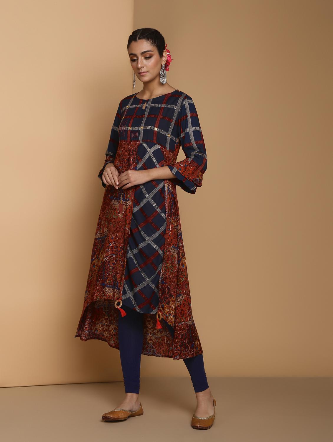 checkered high-low kurta - 16444623 - Zoom Image - 3
