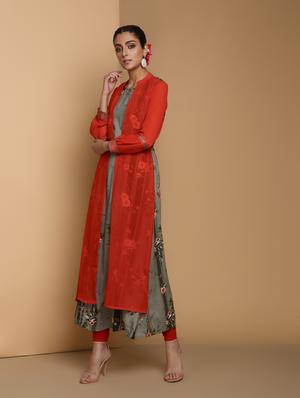 floral printed kurta with jacket - 16444639 - Standard Image - 3