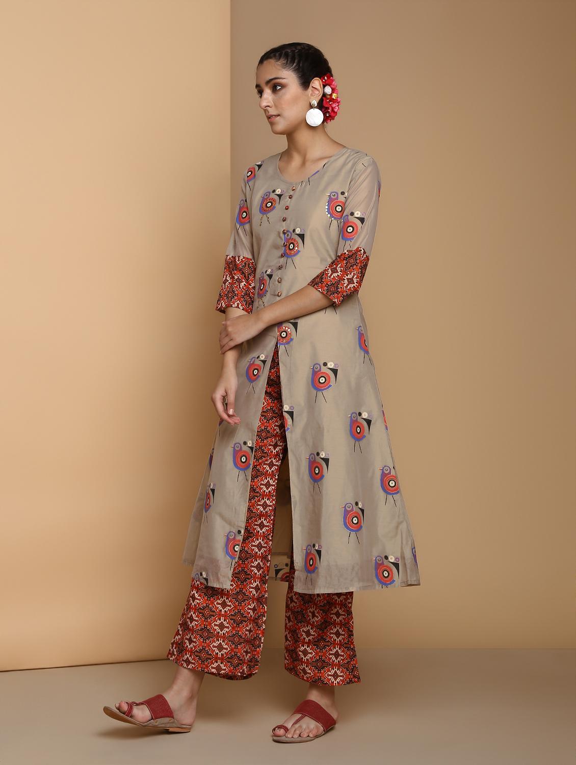 printed kurta with palazzo set - 16445377 - Zoom Image - 3