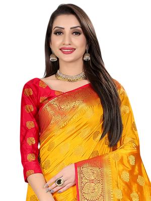 contrast kanjivaram saree with blouse - 16449879 - Standard Image - 3