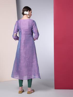 embroidered chanderi a-line kurta - 16450298 - Standard Image - 3