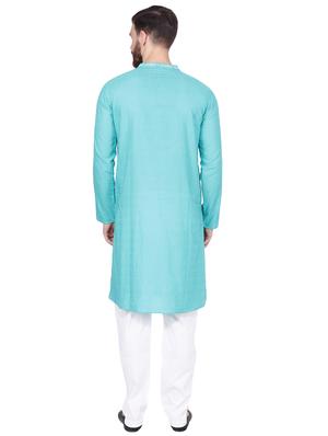 turquoise blue kurta pyjama set with embroidered neckline - 16451116 - Standard Image - 3