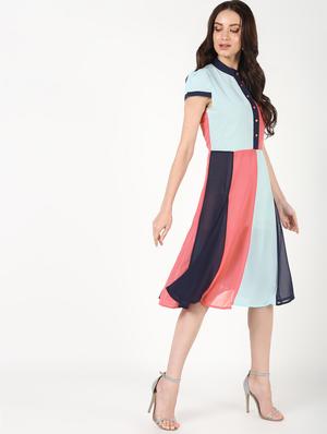 mandarin neck color block a-line dress - 16457130 - Standard Image - 3
