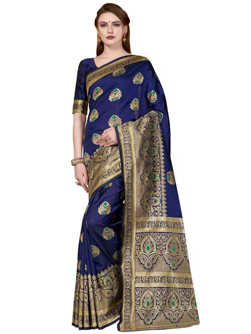 floral zari motif woven saree with blouse - 16476364 - Very Small Image - 1