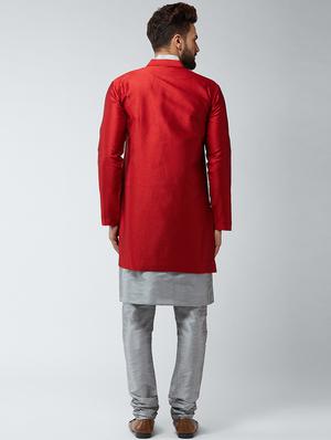 red woven silk blend sherwani set - 16480074 - Standard Image - 3