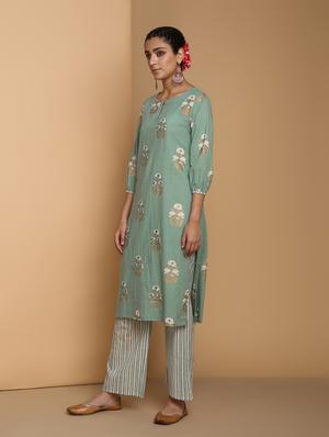 gold printed kurta with palazzo set - 16483199 - Standard Image - 3