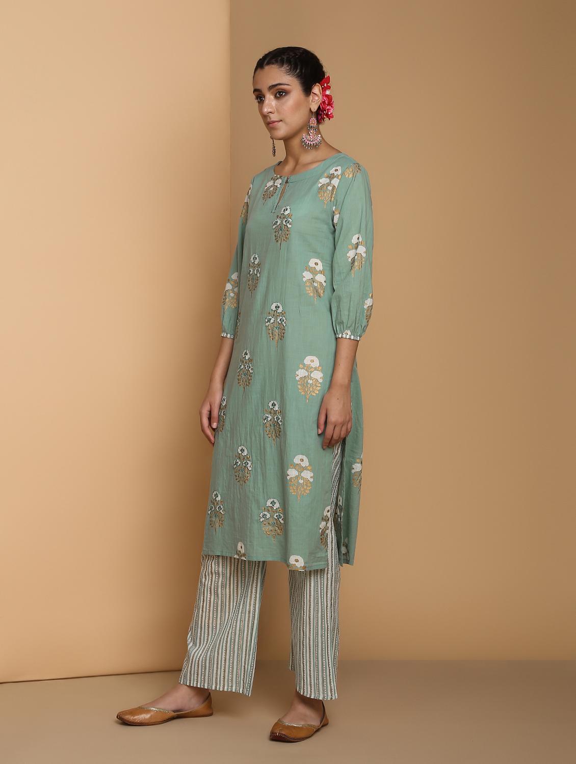 gold printed kurta with palazzo set - 16483199 - Zoom Image - 3