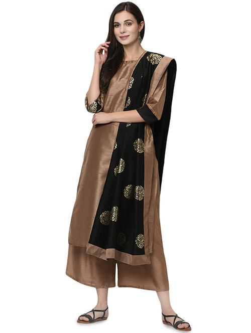 solid kurta palazzo with block print dupatta suit set - 16483921 - Very Small Image - 1