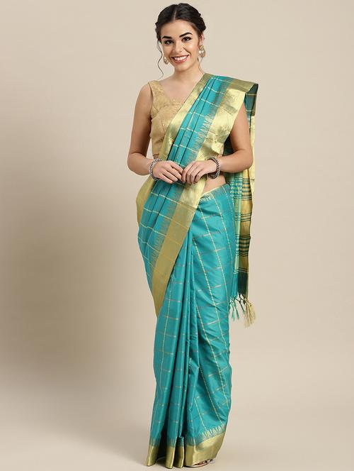 turquoise cotton silk printed saree with blouse - 16484641 - Standard Image - 1