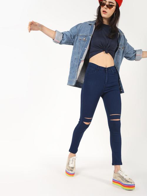 high rise knee slit jeans - 16493030 - Standard Image - 1