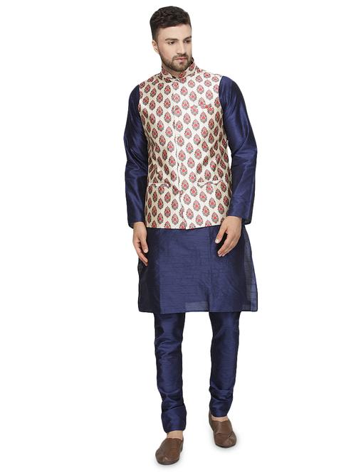 blue silk blend kurta pyjama set with beige printed nehru jacket - 16500272 - Standard Image - 1