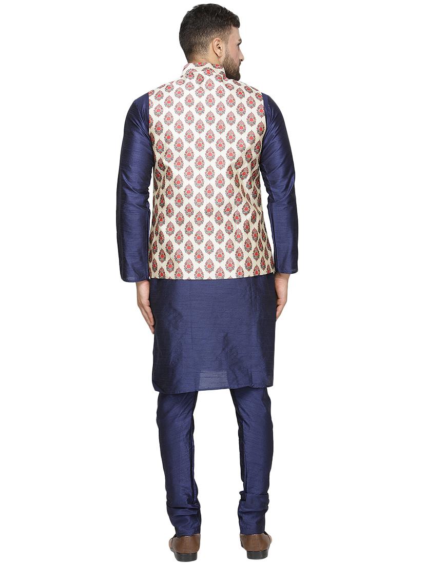 blue silk blend kurta pyjama set with beige printed nehru jacket - 16500272 - Zoom Image - 3