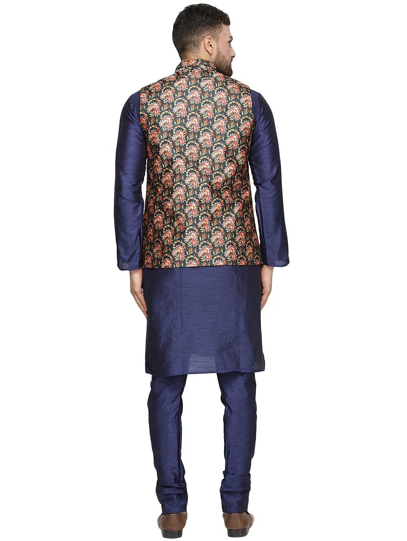 blue silk blend kurta pyjama set with green printed nehru jacket - 16500273 - Zoom Image - 3