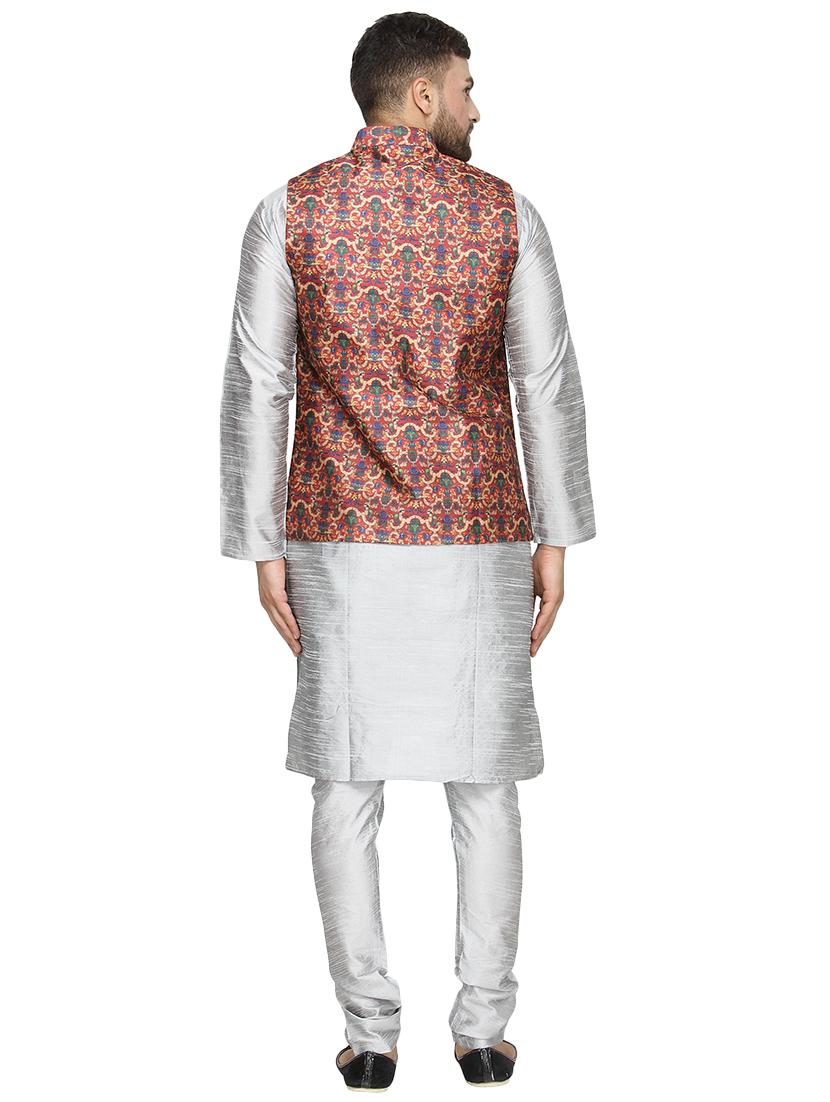 grey silk blend kurta pyjama set with red printed nehru jacket - 16500279 - Zoom Image - 3