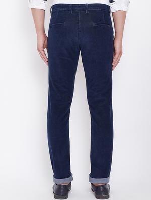 navy blue solid corduroy casual trouser - 16509407 - Standard Image - 3