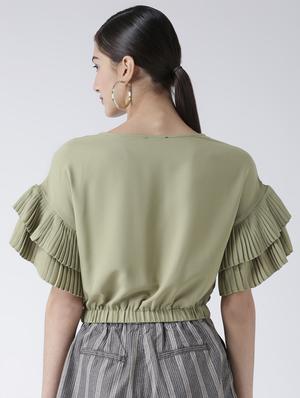 pleated bell sleeved solid crop top - 16513096 - Standard Image - 3