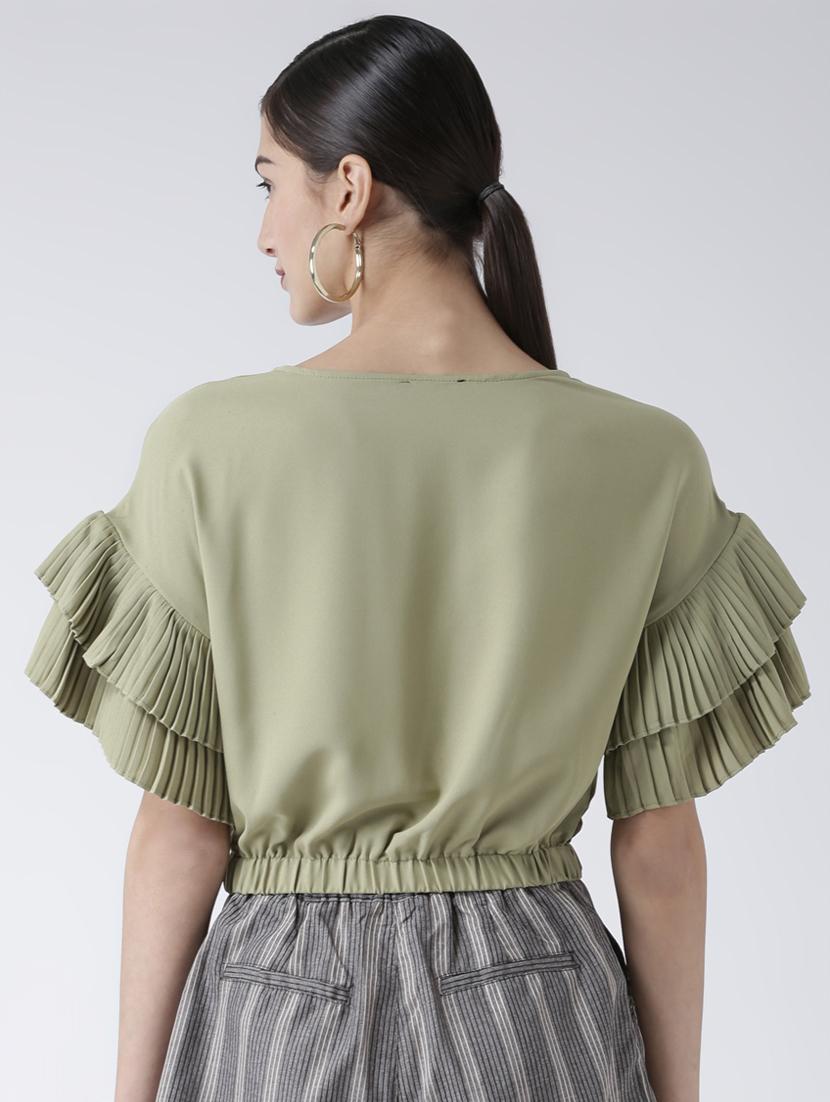 pleated bell sleeved solid crop top - 16513096 - Zoom Image - 3