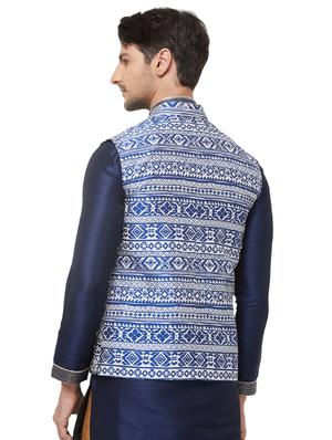 blue silk blend printed nehru jacket - 16518146 - Standard Image - 3