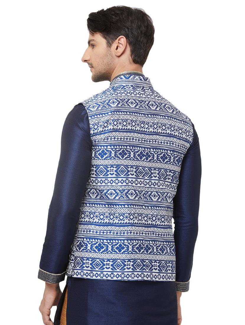 blue silk blend printed nehru jacket - 16518146 - Zoom Image - 3