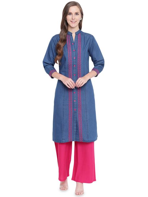 embroidered denim straight kurta - 16524414 - Standard Image - 1